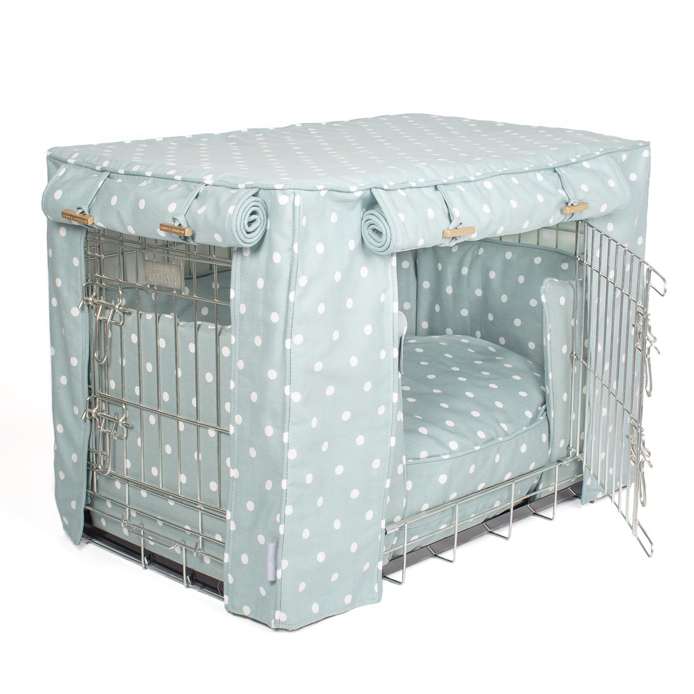 Luxury Heavy Duty Dog Crate, In Stunning Duck Egg Spot Crate Set, The Perfect Dog Crate Set For Building The Ultimate Pet Den! Dog Crate Cover Available To Personalise at Lords & Labradors 