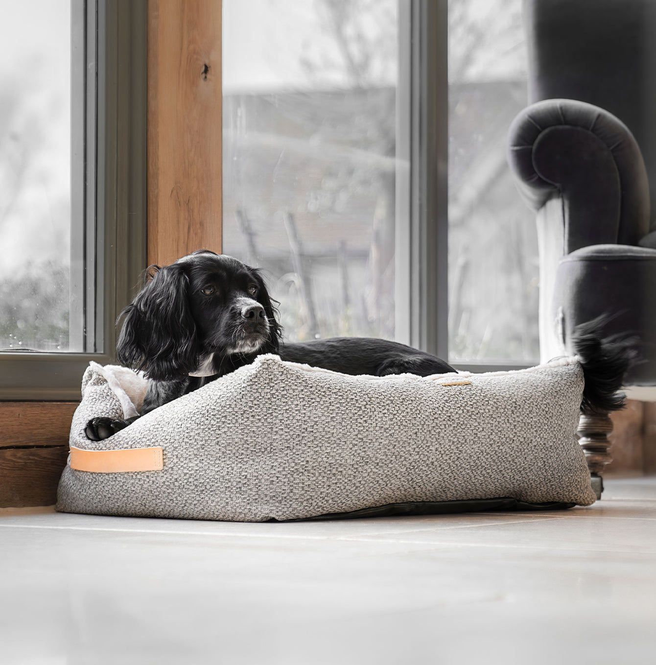 Discover This Luxurious Box Bed For Dogs, Made Using Beautiful Herdwick Fabric To Craft The Perfect Dog Box Bed! In Stunning Pebble, Available Now at Lords & Labradors 