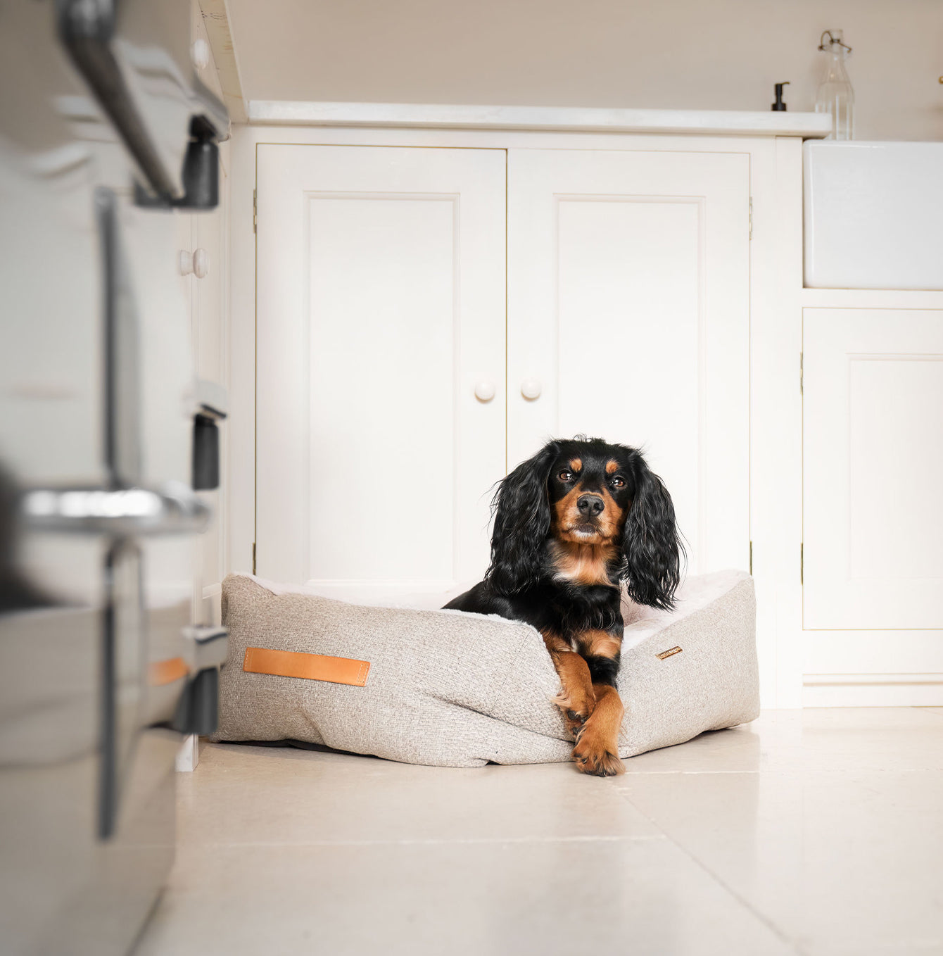 Discover This Luxurious Box Bed For Dogs, Made Using Beautiful Herdwick Fabric To Craft The Perfect Dog Box Bed! In Stunning Pebble, Available Now at Lords & Labradors 