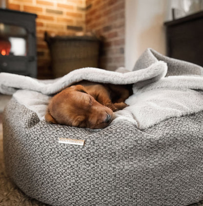 Discover This Luxurious Dog Den, Made Using Beautiful Herdwick Fabric To Craft The Perfect Den For Dogs! In Stunning Pebble, Available Now at Lords & Labradors 