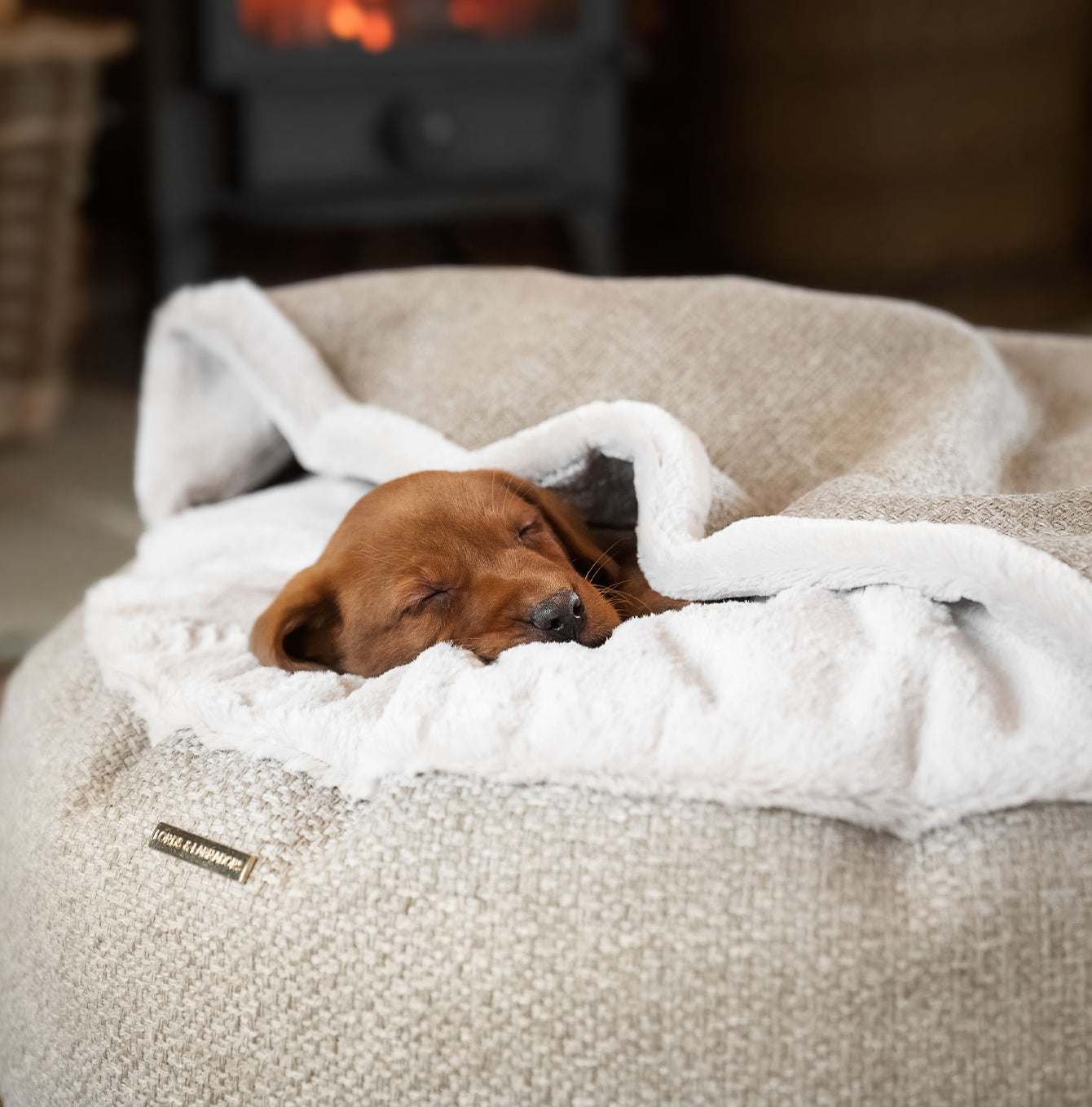 Discover This Luxurious Dog Den, Made Using Beautiful Herdwick Fabric To Craft The Perfect Den For Dogs! In Stunning Sandstone, Available Now at Lords & Labradors    