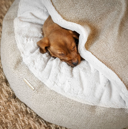 Discover This Luxurious Dog Den, Made Using Beautiful Herdwick Fabric To Craft The Perfect Den For Dogs! In Stunning Sandstone, Available Now at Lords & Labradors    