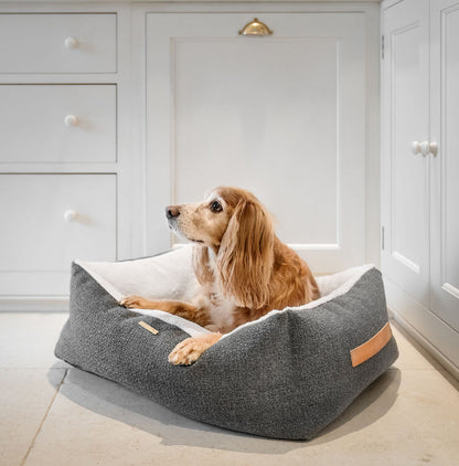 Discover This Luxurious Box Bed For Dogs, Made Using Beautiful Herdwick Fabric To Craft The Perfect Dog Box Bed! In Stunning Graphite, Available Now at Lords & Labradors    