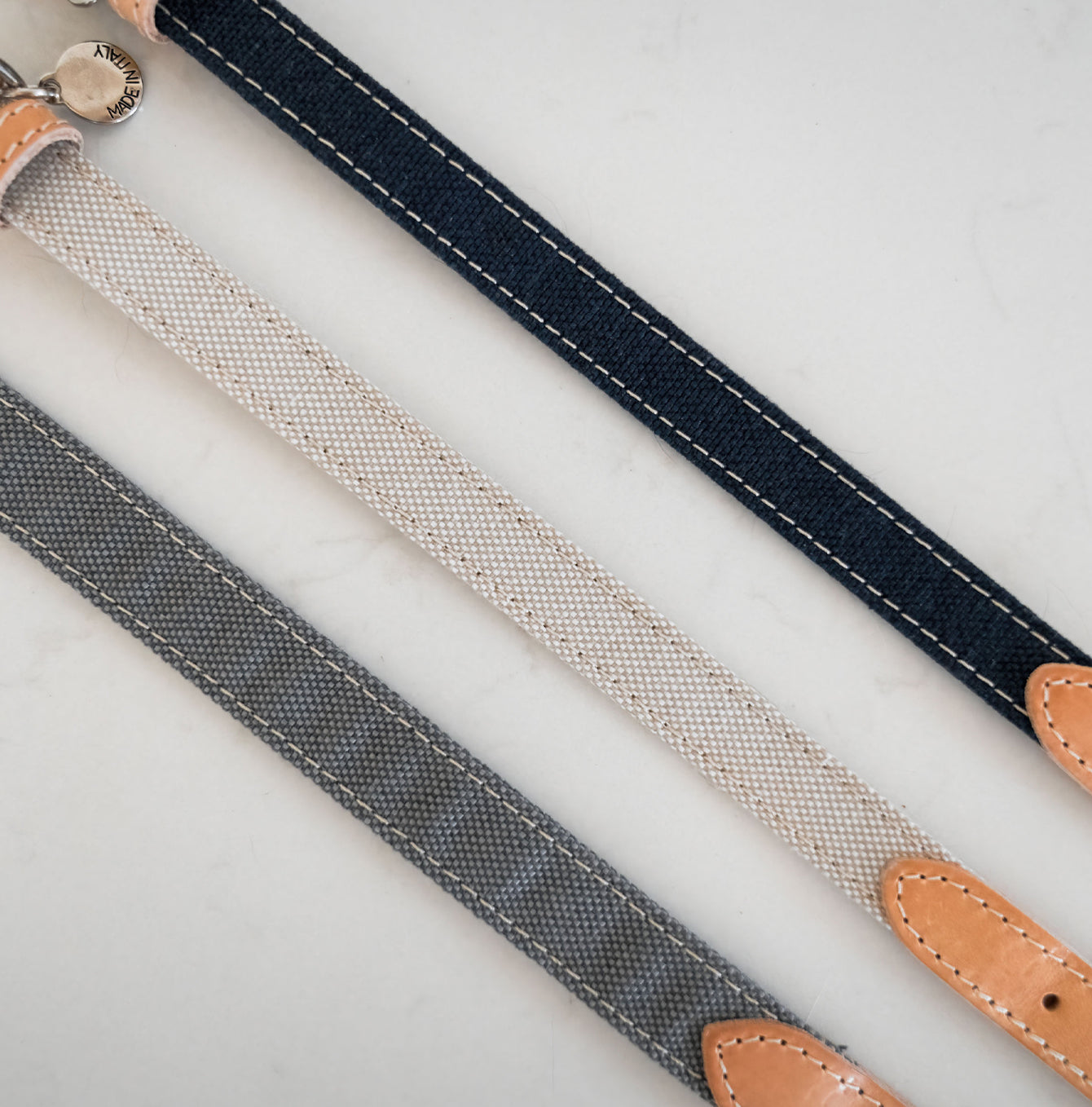 Discover dog walking luxury with our handcrafted Italian dog collar in beautiful essentials twill navy denim with denim blue fabric! The perfect collar for dogs available now at Lords & Labradors    