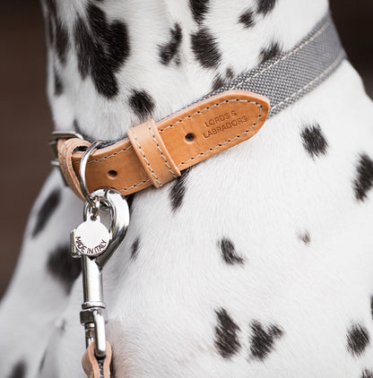 Discover dog walking luxury with our handcrafted Italian dog collar in beautiful essentials twill grey slate with grey fabric! The perfect collar for dogs available now at Lords & Labradors    