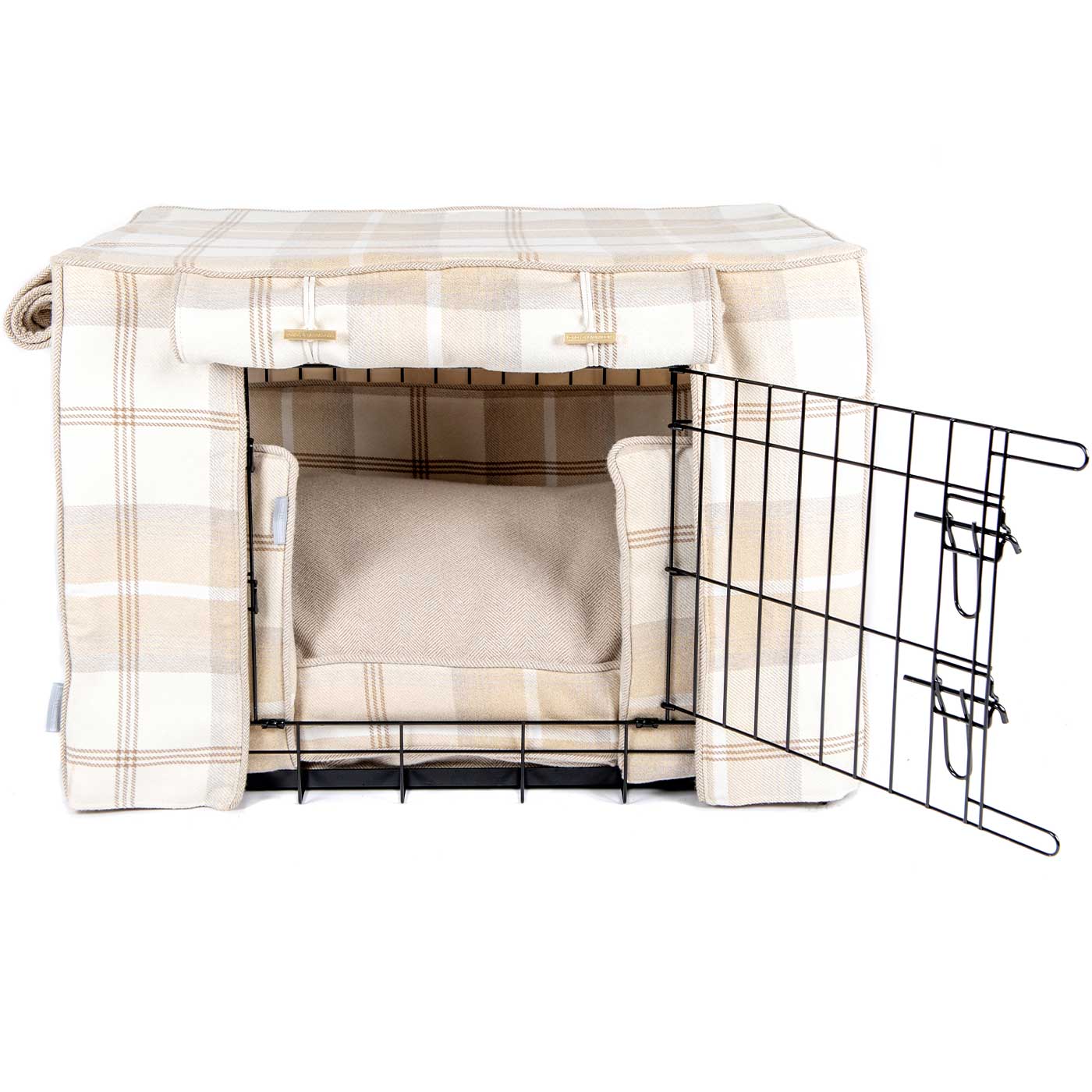 Luxury Heavy Duty Dog Crate, In Stunning Balmoral Natural Tweed Crate Set, The Perfect Dog Crate Set For Building The Ultimate Pet Den! Dog Crate Cover Available To Personalise at Lords & Labradors 