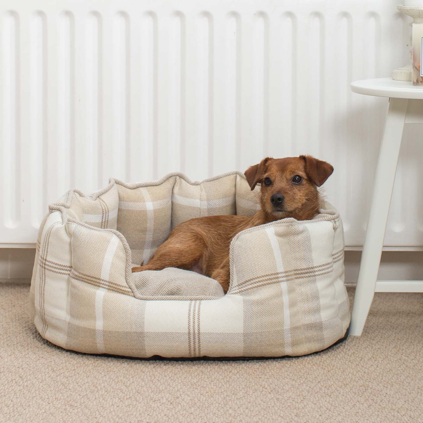 Discover Our Luxurious High Wall Bed For Dogs, Featuring inner pillow with plush teddy fleece on one side To Craft The Perfect Dogs Bed In Stunning Neutral Tweed! Available To Personalise Now at Lords & Labradors 