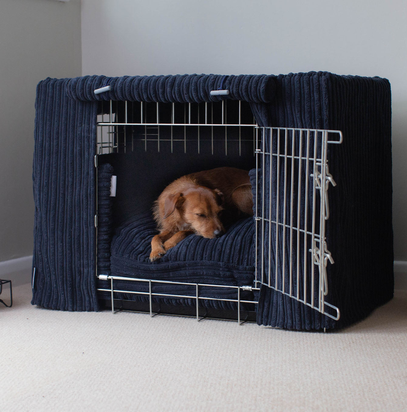 Luxury Dog Crate Set, Essentials Complete Plush Crate Set In Navy! Build The Ultimate Dog Den For The Perfect Burrow! Dog Crate Cover Available To Personalise at Lords & Labradors