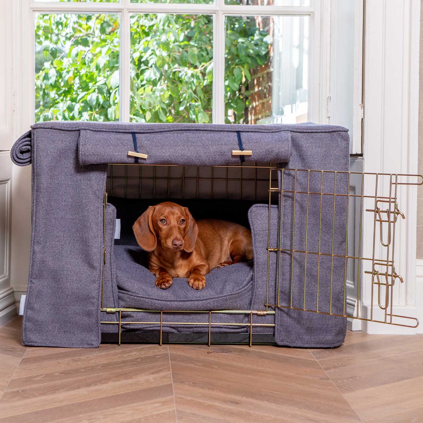 Luxury Heavy Duty Dog Crate, In Stunning Oxford Herringbone Tweed Crate Set, The Perfect Dog Crate Set For Building The Ultimate Pet Den! Dog Crate Cover Available To Personalise at Lords & Labradors