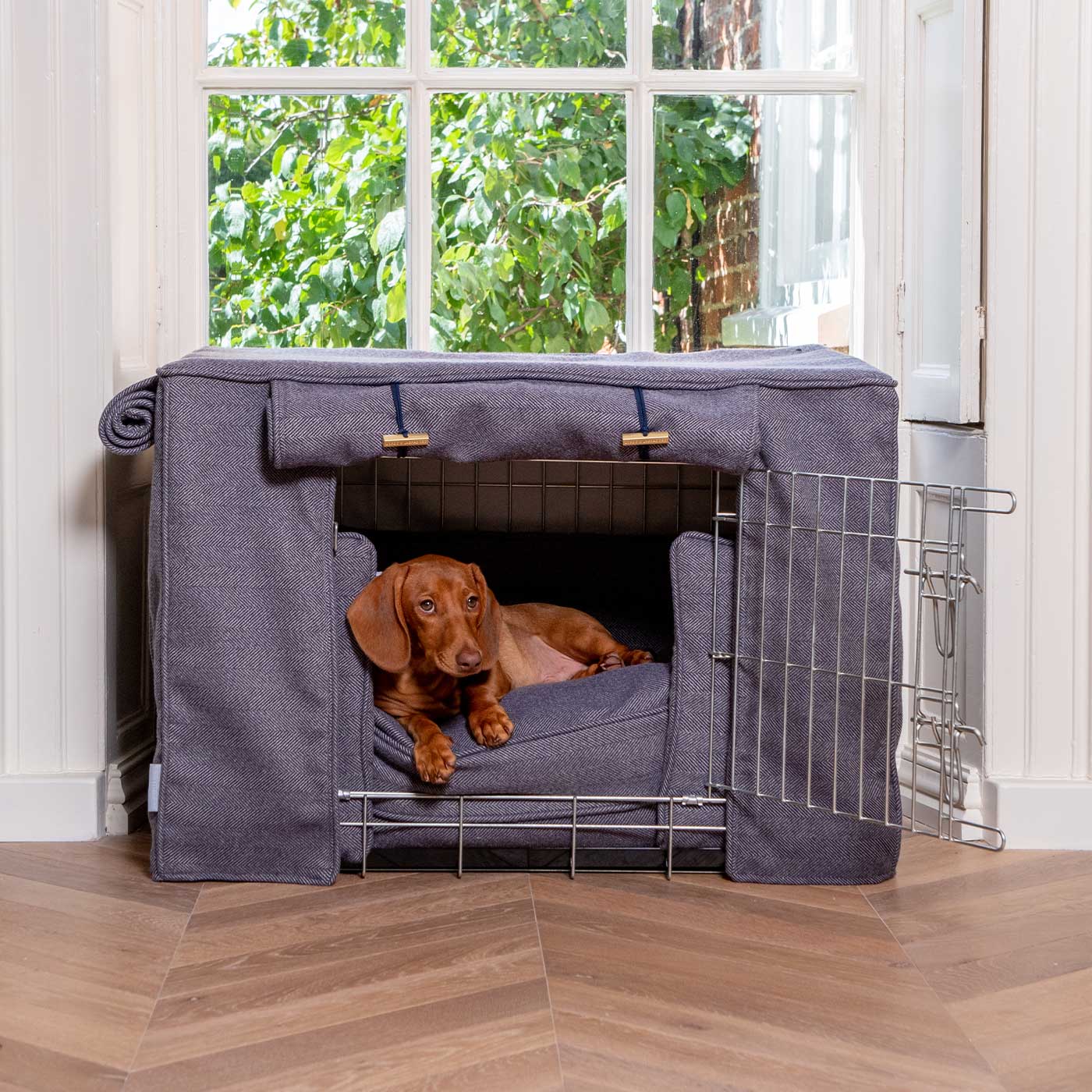 Luxury Heavy Duty Dog Crate, In Stunning Oxford Herringbone Tweed Crate Set, The Perfect Dog Crate Set For Building The Ultimate Pet Den! Dog Crate Cover Available To Personalise at Lords & Labradors