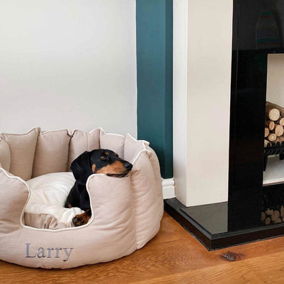 Discover Our Luxurious High Wall Bed For Dogs, Featuring inner pillow with plush teddy fleece on one side To Craft The Perfect Dog Bed In Stunning Savanna Oatmeal! Available To Personalise Now at Lords & Labradors    