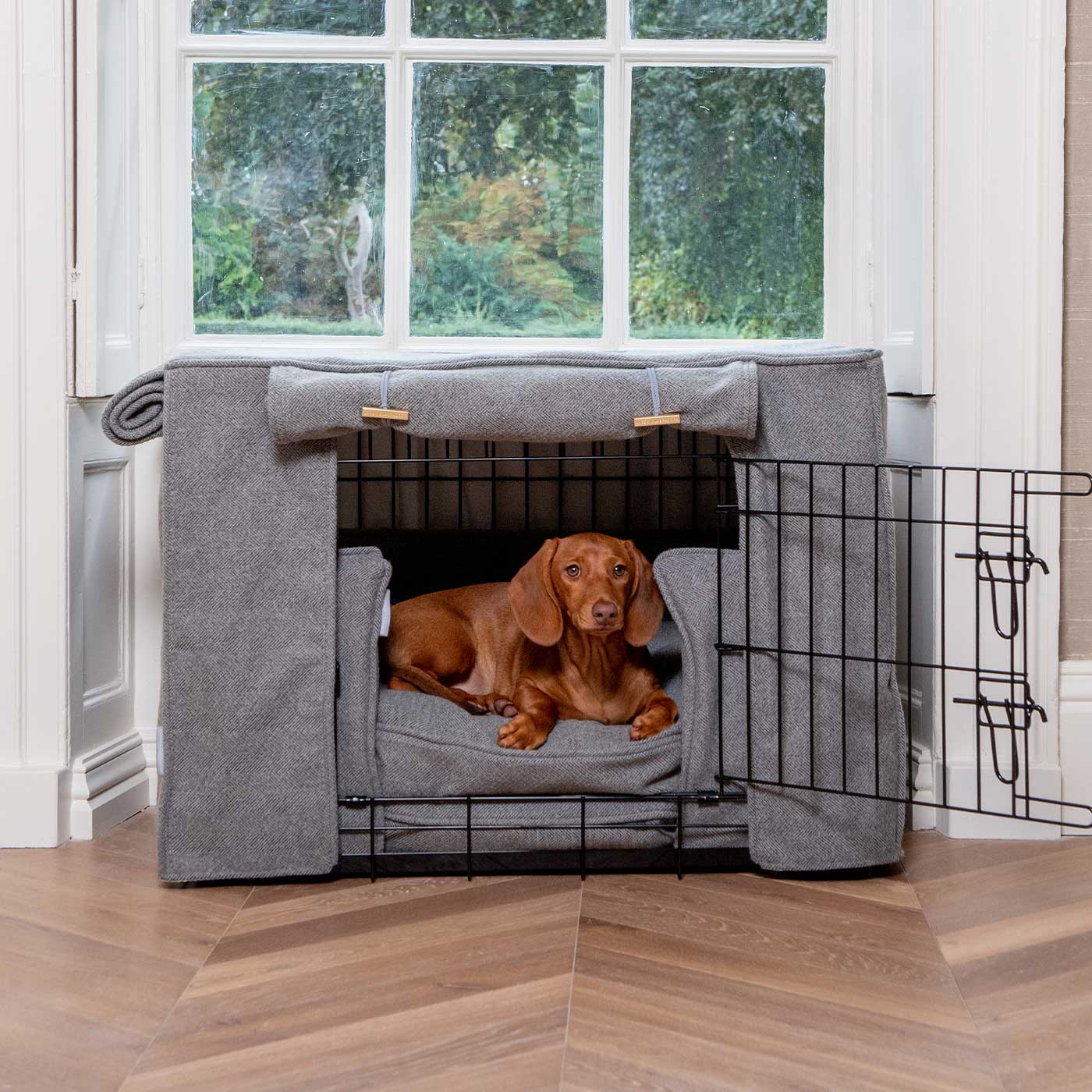 Luxury Heavy Duty Dog Crate, In Stunning Pewter Herringbone Tweed Crate Set, The Perfect Dog Crate Set For Building The Ultimate Pet Den! Dog Crate Cover Available To Personalise at Lords & Labradors