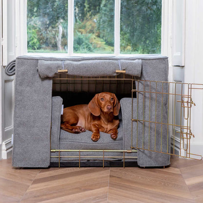 Luxury Heavy Duty Dog Crate, In Stunning Pewter Herringbone Tweed Crate Set, The Perfect Dog Crate Set For Building The Ultimate Pet Den! Dog Crate Cover Available To Personalise at Lords & Labradors