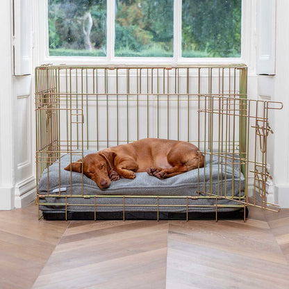 Luxury Dog Crate Cushion, Pewter Herringbone Tweed Crate Cushion The Perfect Dog Crate Accessory, Available To Personalise Now at Lords & Labradors