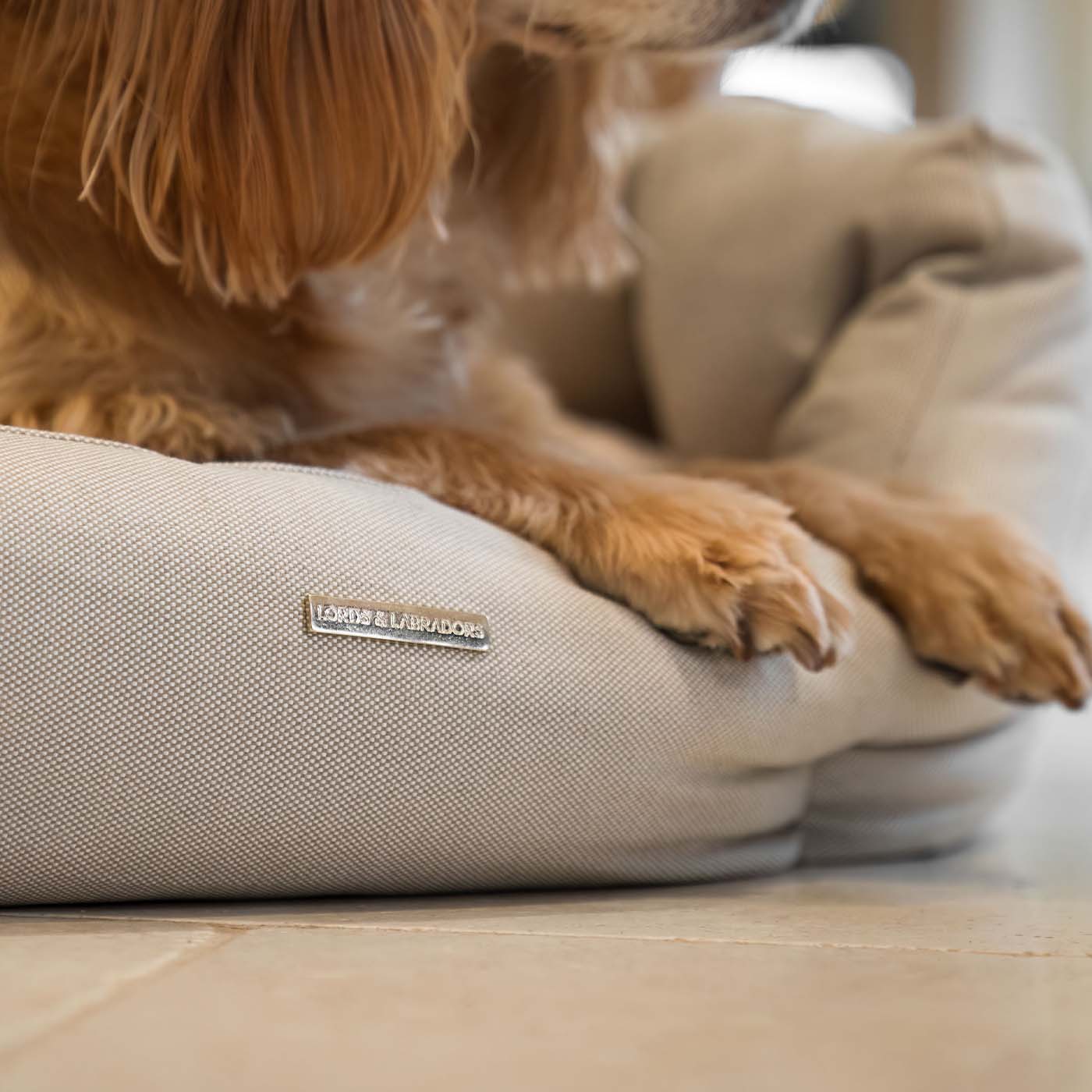 Discover our luxury twill oval dog bed in beautiful Linen, the ideal choice for dogs to enjoy blissful nap-time, featuring reversible inner cushion with raised sides for dogs who love to rest their head for the ultimate cosiness! Handcrafted in Italy for pure pet luxury! Available now at Lords & Labradors 