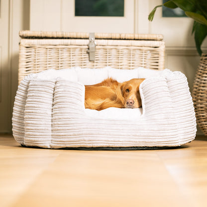 Discover Our Luxurious High Wall Bed For Dogs, Featuring inner pillow with plush teddy fleece on one side To Craft The Perfect Cat Bed In Stunning Essentials Light Grey Plush! Available To Personalise Now at Lords & Labradors    